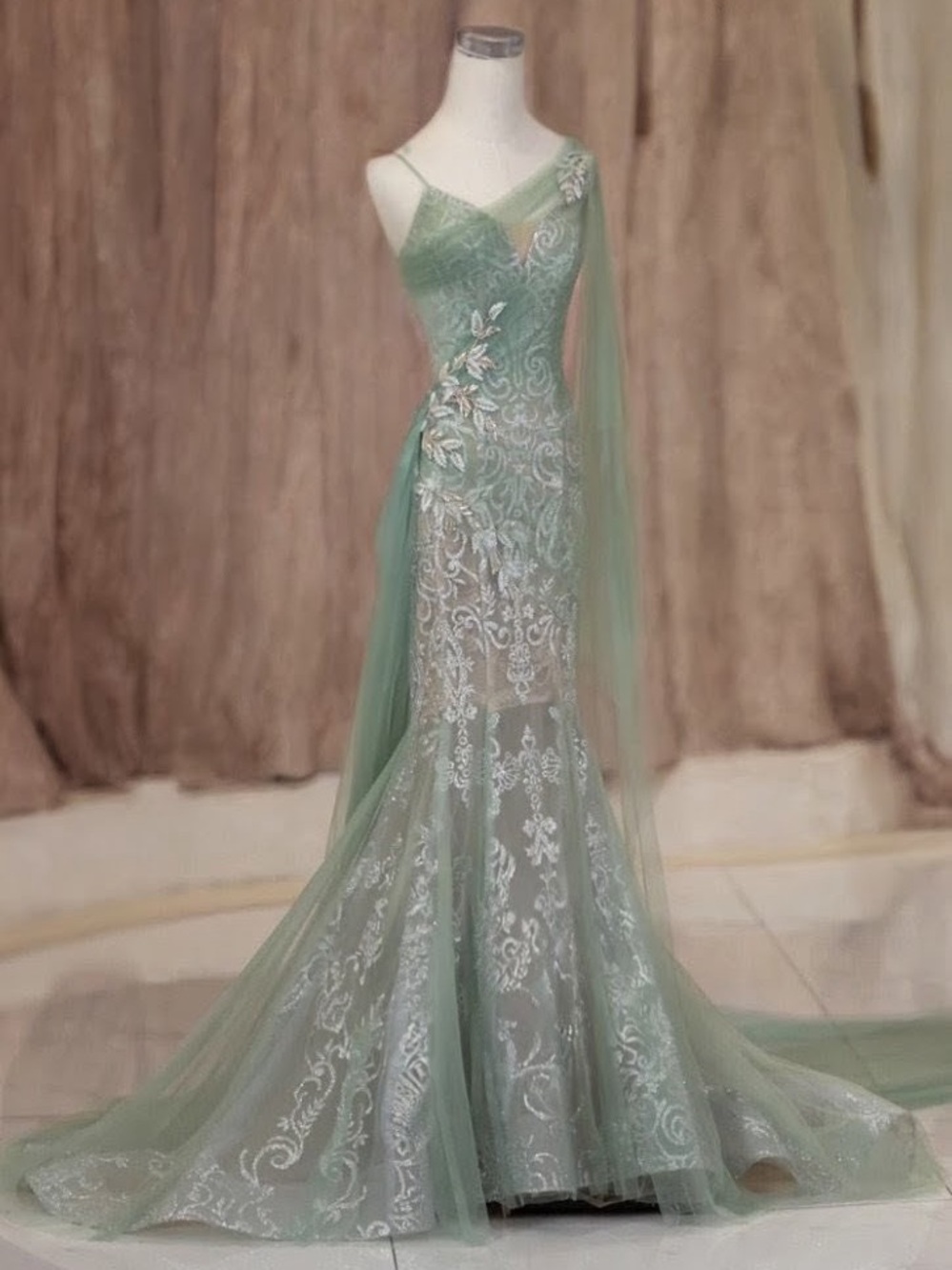 One-Shoulder Sage Green Lace Gown with Sheer Draped Overlay